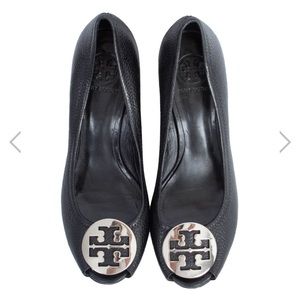 Tory Burch Black Leather Mid Heel Wedges- Size 8.5 (Pre Loved)